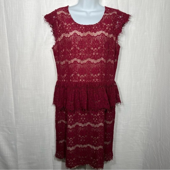 Anthropologie Maeve Elsa Burgundy Red Lace Peplum Sheath Cap Sleeve Dress Sz L - Picture 3 of 8
